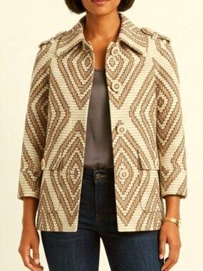 Tory Burch Cropped Linen Blend Diamond Pattern Jacket- Sz. 2